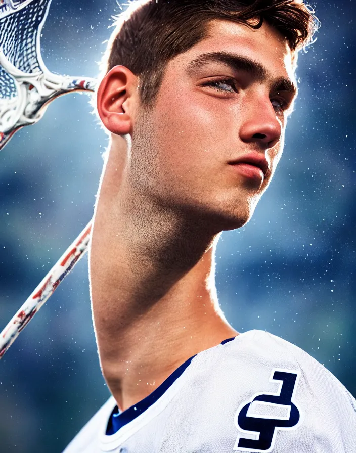 Image similar to closeup portrait of very beautiful cute male lacrosse player in a penn state stadium, glamour pose, particle effects, backlit, highly detailed, soft ambient lighting, sharp focus, rule of thirds, artgerm, wlop, arney freytag, rossdraws, frank frazetta, andrei riabovitchev, hd, octane, 4 k