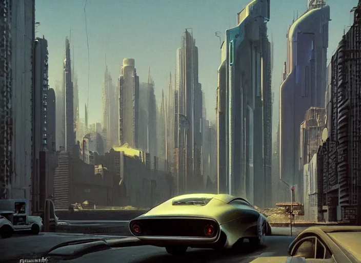 Image similar to a car driving down a street next to tall buildings the night at 1 pm, cyberpunk art by Chesley Bonestell, cgsociety, retrofuturism, matte painting, reimagined by industrial light and magic