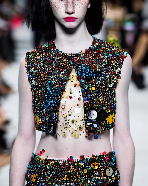 Image similar to olivia wearing an outfit made of stickers, runway model at new york fashion week, normal physique, black hair, freckles, pale skin, half body shot, photo by greg rutkowski, stage lighting, soft colors, female beauty, intricate detail, elegance, 3 5 mm, depth of field, masterpiece