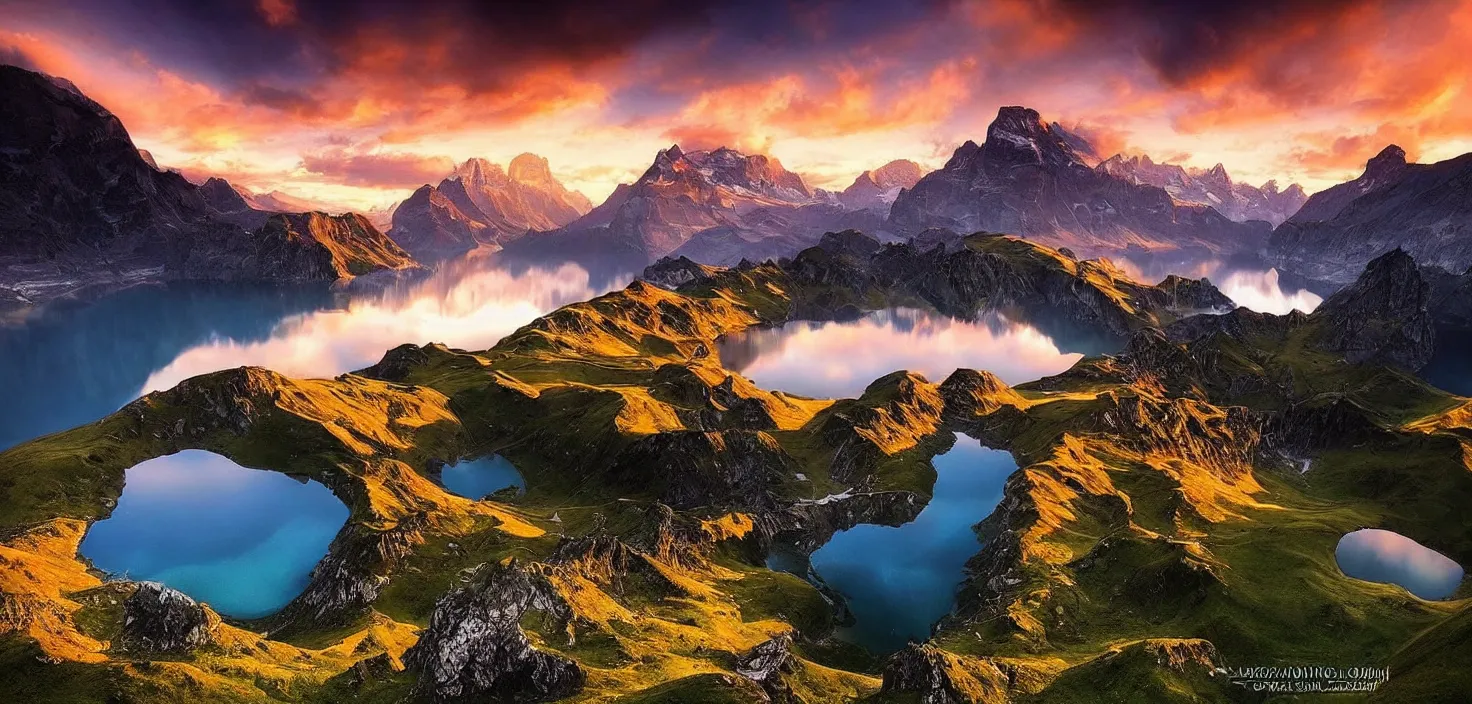 Prompt: amazing landscape photo of switzerland with lake in sunset by marc adamus, beautiful dramatic lighting