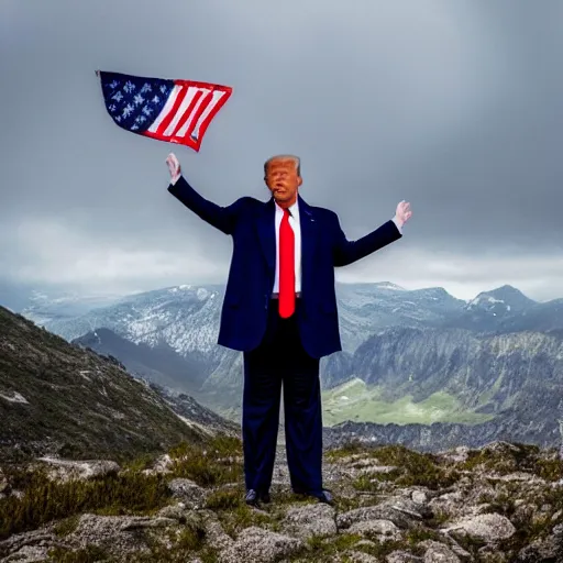 Prompt: donald trump, on top of mountain, rainy day