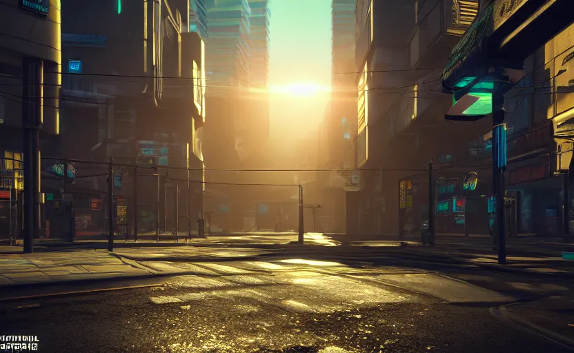 Image similar to photorealistic cyberpunk city streets. daylight. sunlight. lens flare. light fixtures. 8K. detailed. photorealism. artstation. 25mm f/1.7 ASPH Lens. ultra realistic