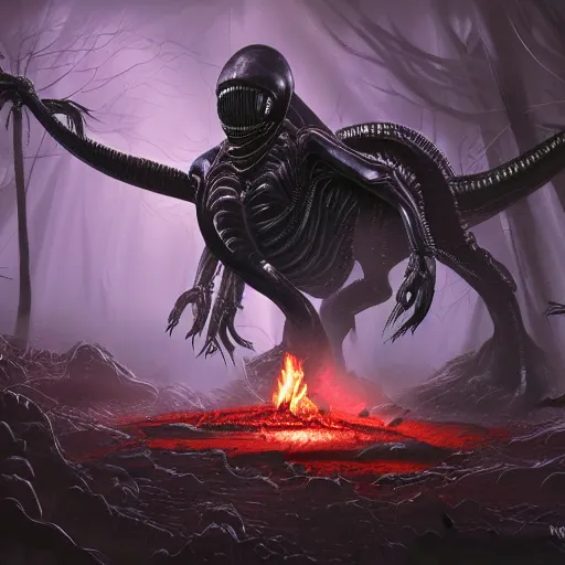 Prompt: alien from the movie alien battling predator in a forest landscape with fires, highly detailed, 4 k, digital painting, smooth