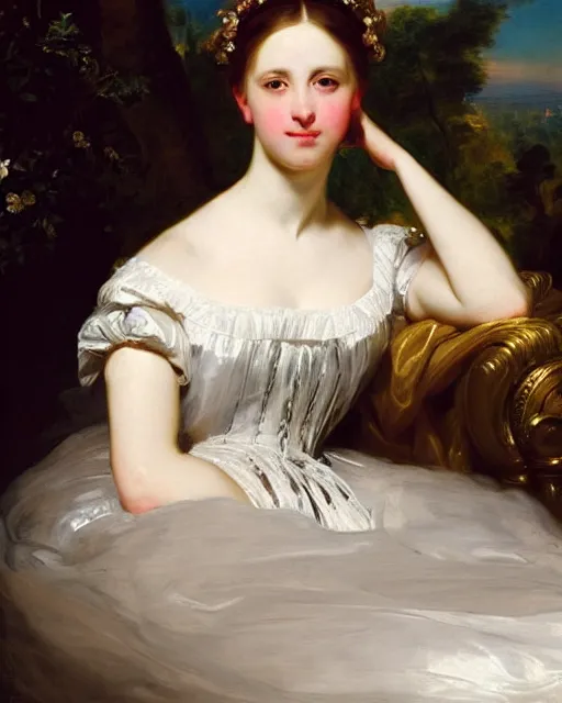 Prompt: a beautiful portrait of a young and beautiful noblewoman sitting down, art by franz xaver winterhalter, highly detailed, elegant, romanticism, rococo, neoclassicism, 1 8 3 0 s style painting, oil on canvas, vivid