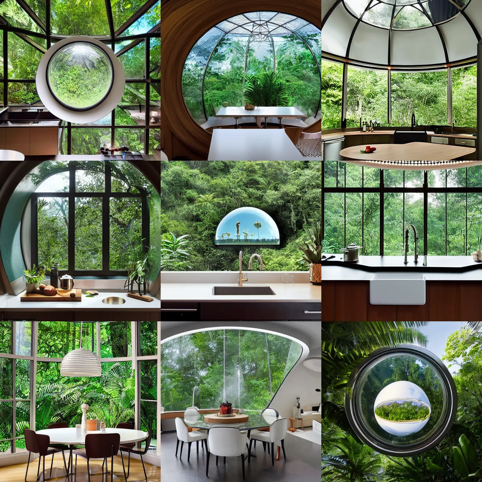 Prompt: modern kitchen amenities under a round glass dome within a lush jungle, hyperrealistic photograph