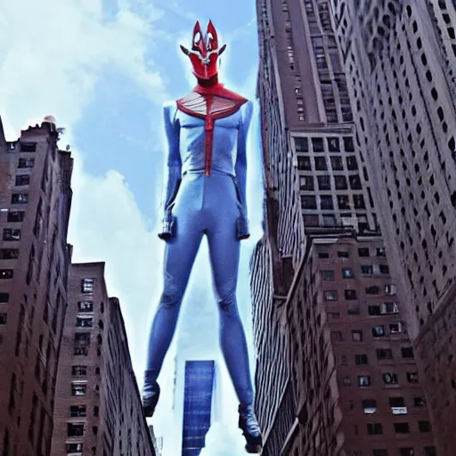 Image similar to giant ultraman walking on new york building!, post apocalyptic, cinematic,