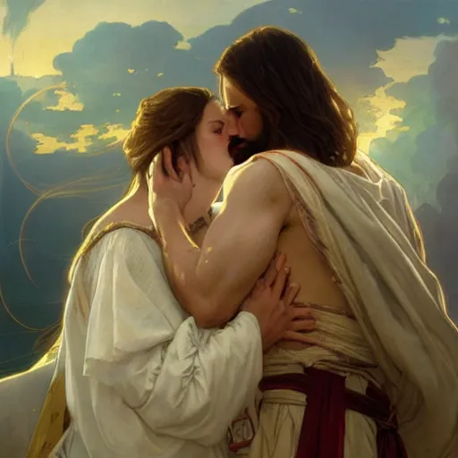 Image similar to jesus kissing a maria maddalena, elegant, highly detailed, digital painting, artstation, concept art, matte, sharp focus, illustration, art by artgerm and greg rutkowski and alphonse mucha, large shot