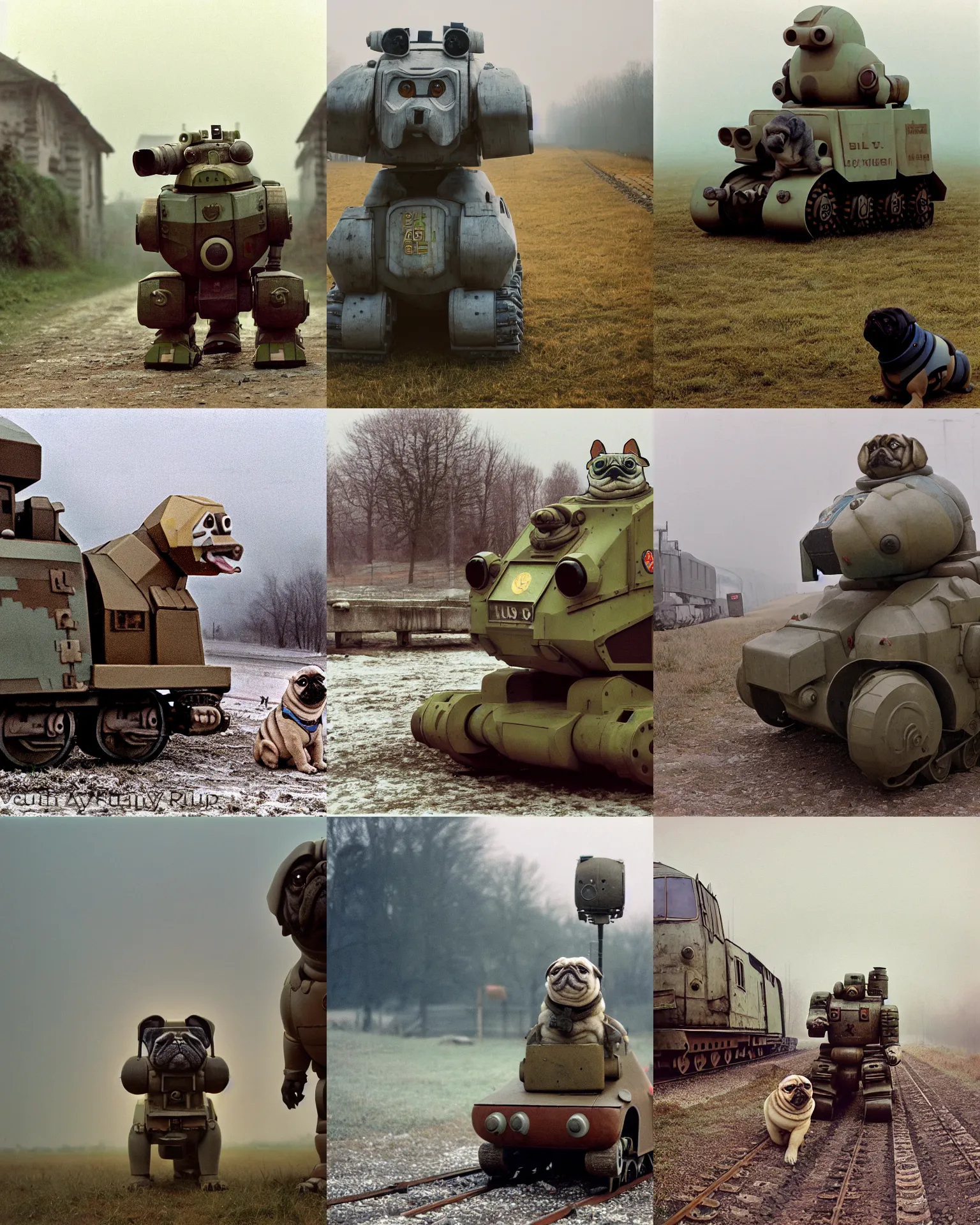 Image similar to giant oversized chubby bulky armored train pug dog robot mech, with big pug head , rocket launcher , on a village , Cinematic focus, fujicolor photo, vintage, neutral colors, soft lights, foggy, panorama by by Serov Valentin, by lisa yuskavage, by Andrei Tarkovsky