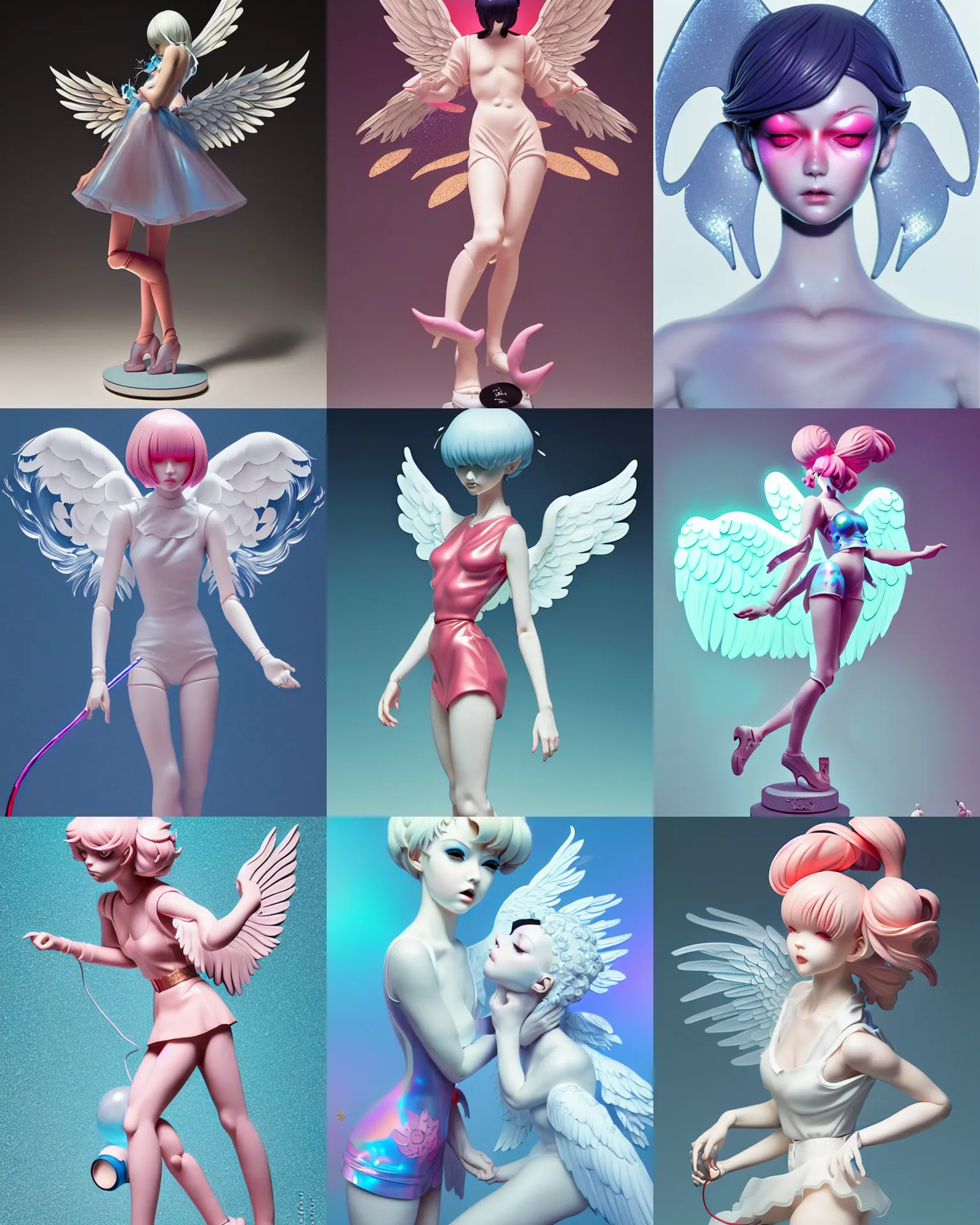 Prompt: james jean and ilya kuvshinov isolated vinyl figure angel bubbles, expert figure photography, dynamic pose, interesting color palette material effects, glitter accents on figure, anime stylized, accurate proportions artgerm realism, high delicate defined details, holographic undertones, ethereal lighting, editorial awarded