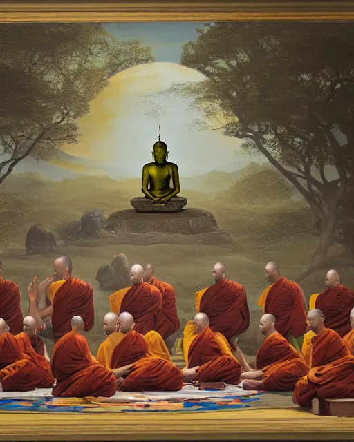 Prompt: a painting of cyborg buddhist monks sitting in circle praying to a computer, matte painting, highly detailed, fantasy art