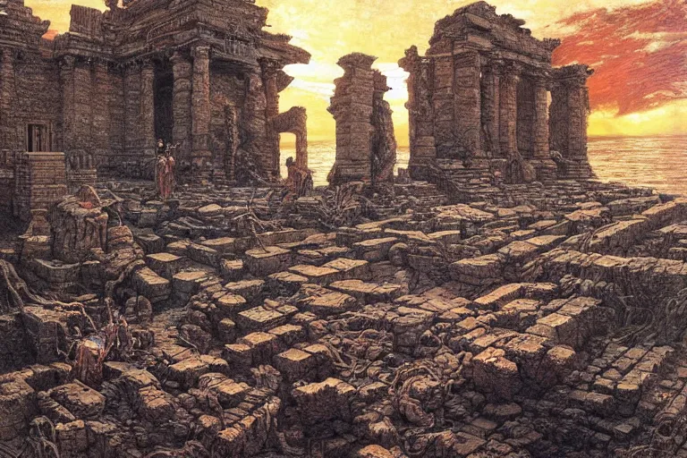 Prompt: a tiny robot!!! discovers the ruins of a partly submerged temple to the elder gods, golden hour, dramatic lighting, fluid, smooth, bright, colours, high contrast, sharpness, very detailed, intricate, by donato giancola, gustave dore and junji ito and caravaggio