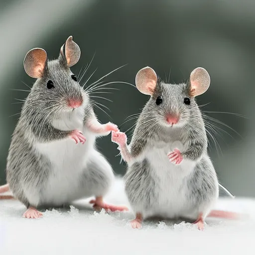 Prompt: 2 mice dancing in the snow, white and grey, green trees, award winning macro shot, in focus, national geographic