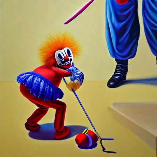 Image similar to hyperrealism painting from the housefly perspective getting swatted at from an angry and sick clown man with a fly swatter in the kitchen