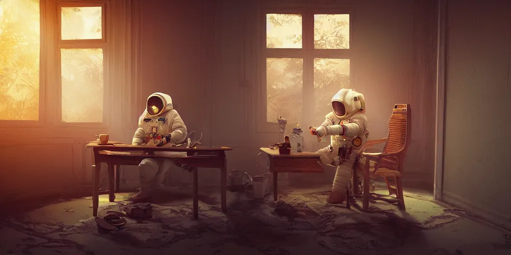 Image similar to a cosmonaut in a spacesuit drinks a steaming cup of tea alone at an old wooden desk in a richly decorated indian house. the autumn light comes in through a window and dimly illuminates the room, diffuse light, octane render, 4k, matte painting