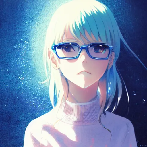 Prompt: anime cute girl in blue sweater white white pale hair black glasses standing psychedelic background by greg rutkowski makoto shinkai kyoto animation key art feminine mid shot wlop madhouse, ufotable, comixwave films, trending on artstation