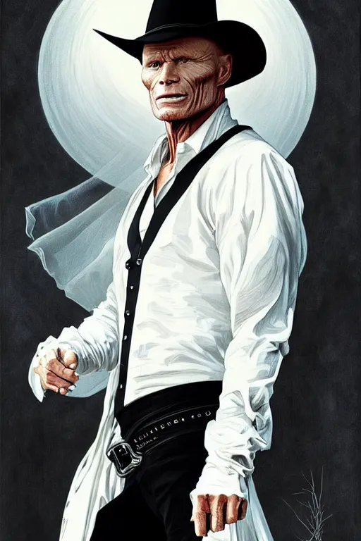 Prompt: ed harris as the man in black, westworld, wearing an all white outfit in the style of art by artgerm and greg rutkowski and alphonse mucha