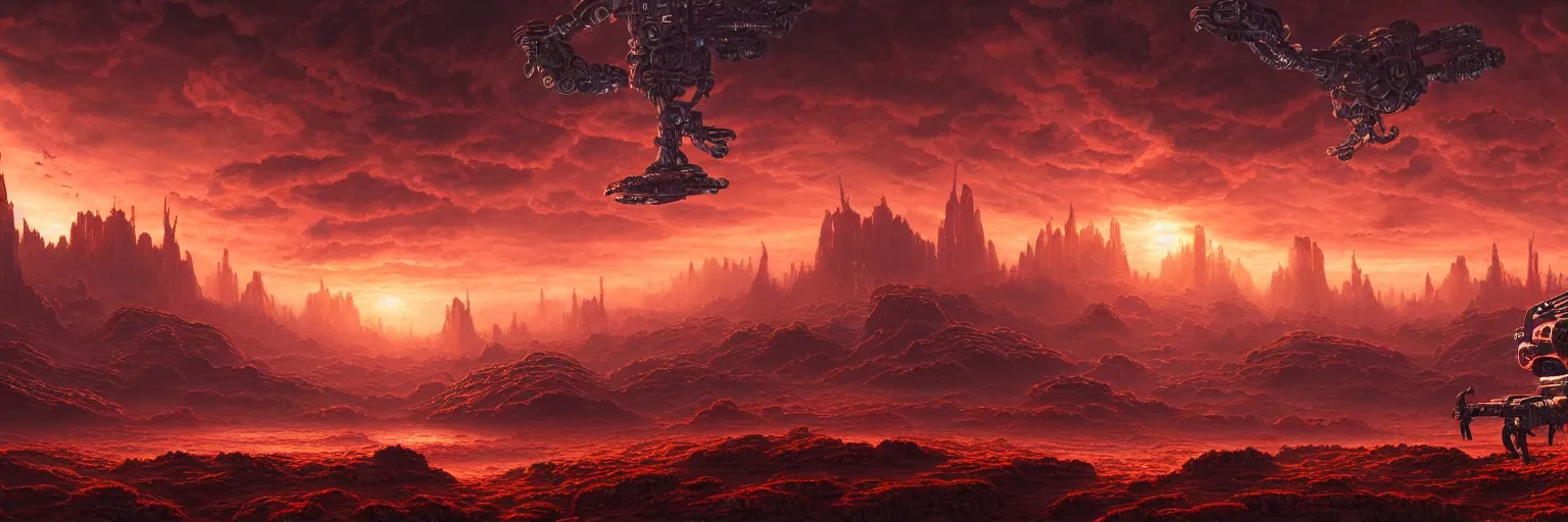 Image similar to ultra realist intricate detailed landscape painting of an alien world, red sky with mech buildings and cyborg tech, symmetry accurate features, very intricate details, bokeh focus, 8 k render, artstyle geoff taylor, award winning