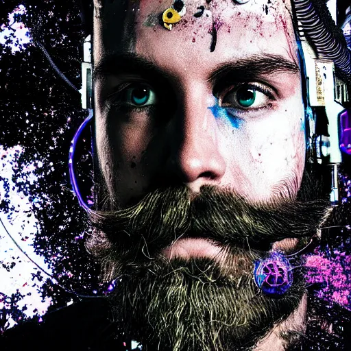 Image similar to Beautiful Photo of Arduino Uno in the robot's head. beard man. Cyberpunk. splatterpunk. 4K