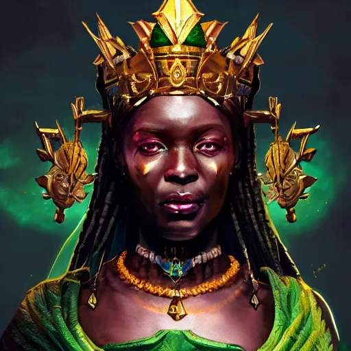 Prompt: a dark and ominous african queen with glowing eyes and a golden crown with a ruby and an emerald in her forehead, Apex Legends character digital illustration portrait design, by android jones and greg rutkowski in a cyberpunk voodoo style, detailed, cinematic lighting, wide angle action dynamic portrait