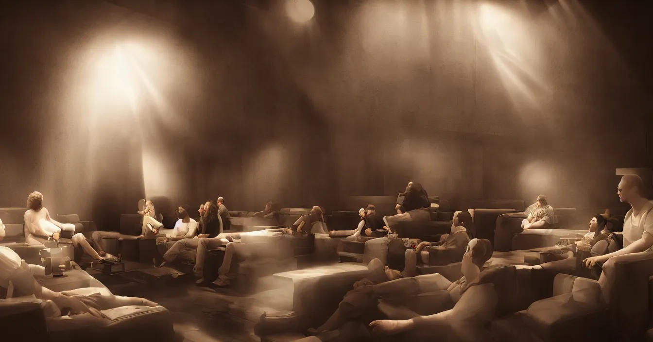 Image similar to human beings sit in the cinema and watch reflections of their lives on screen of life illusion, projecting by volumetric light of consciousness, realistic, deep sense of spirituality, contrast shading, unreal engine, vray, style of chris mars