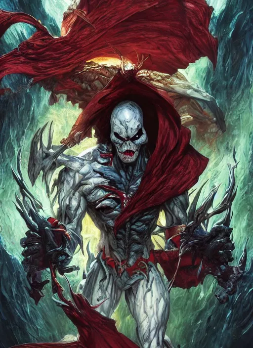 Image similar to first issue of spawn comic book cover art, au naturel, hyper detailed, digital art, trending in artstation, cinematic lighting, studio quality, smooth render, unreal engine 5 rendered, octane rendered, art style by klimt and nixeu and ian sprigger and wlop and krenz cushart