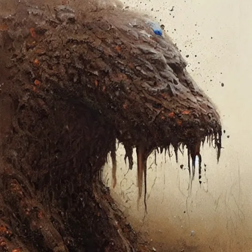 Prompt: painting by jakub rozalski of a muddy rooted humanoid creature with a big hole in the head. half body closeup