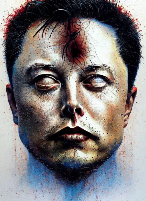 Image similar to A painting of Elon Musk in style of Beksinski. Very detailed