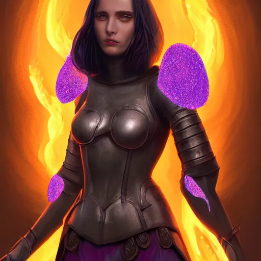 Image similar to A professional digital portrait painting of a young adult female tiefling with (skin that looks like fire), dressed in light armor, 4k, digital art, trending on cgsociety, highly detailed, paint by Wes Anderson, head and shoulders shot, shallow depth of field, purple and yellow lighting, professional lighting, airbrush, Hayao Miyazaki