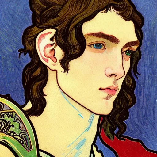 Image similar to portrait painting of young handsome beautiful paladin elf!! man with long! wavy dark hair and blue eyes in his 2 0 s named taehyung minjun james, pale, wearing armor!, gorgeous hair, elf ears, icy eyes, elegant, cute, delicate, soft facial features, art by alphonse mucha, vincent van gogh, egon schiele,