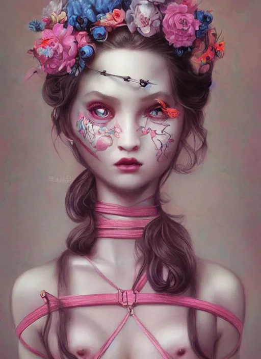 Prompt: pop surrealism, lowbrow art, realistic seductive cute woman profile figure painting, pink body harness, japanese shibari with blue flowers, hyper realism, muted colours, rococo, natalie shau, loreta lux, tom bagshaw, mark ryden, trevor brown style,