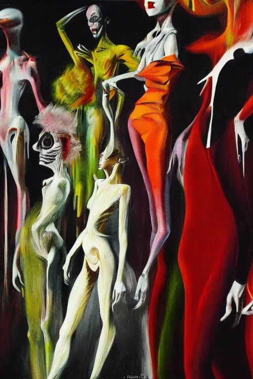 Image similar to crazy fashion catwalk, hauntingly surreal, highly detailed painting by francis bacon, edward hopper, adrian ghenie, gerhard richter, and james jean soft light 4 k,