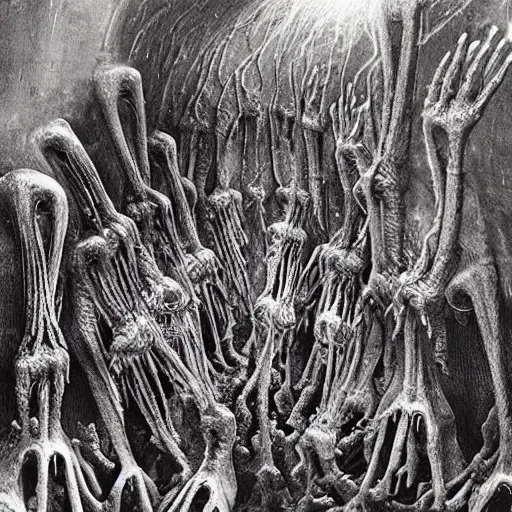 Image similar to merge skeletons in the hundreds reaching out from a broken portal to hell, melting metal vortex, beksinski + gammell + mcfarlane + giger, wispy realistic horrors