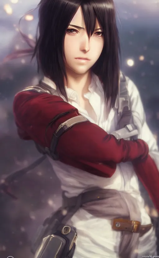 Image similar to mikasa ackerman, hero pose, medium shot, bokeh, beautiful face!!!!, 2 7 years old, cg animation, lifelike, animated, realistic, character select portrait, by artgerm, greg rutkowski, alphonse mucha, 3 d