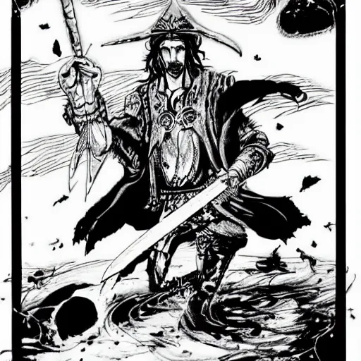 Image similar to black and white pen and ink!!!! rugged royal! nordic goetic Raiden x Frank Zappa golden!!!! Vagabond!!!! floating magic swordsman!!!! glides through a beautiful!!!!!!! black hole battlefield dramatic esoteric!!!!!! pen and ink!!!!! illustrated in high detail!!!!!!!! by Junji Ito and Hiroya Oku!!!!!!!!! graphic novel published on 2049 award winning!!!! full body portrait!!!!! action exposition manga panel black and white Shonen Jump issue by David Lynch eraserhead and Frank Miller beautiful line art Hirohiko Araki