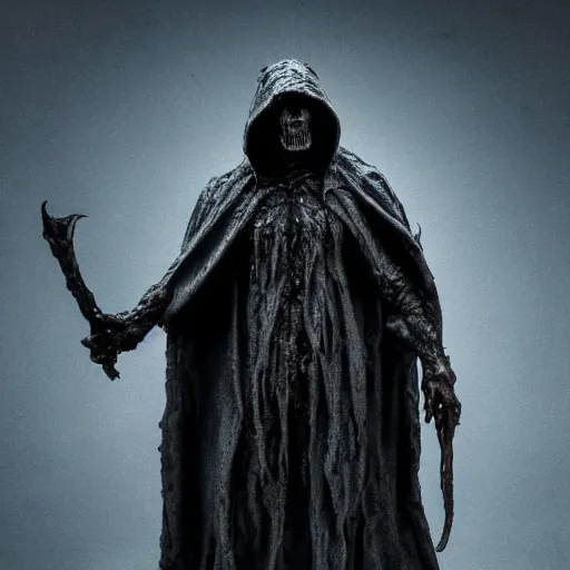 Prompt: photo taken of an epic intricate, ultra detailed, super realistic gritty, wet, slimy, lifelike sculpture of a nightmarish hellish humanoid hooded grim reaper, creature design created by weta workshop, menacing, some zoomed in shots, photorealistic, sharp focus, extremely cold blueish colour temperature, f 0. 4, full body shot