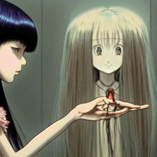 Image similar to IMAX film still of a portrait of a morbid 18 year old young woman wearing a dress of the soft aesthetic with wavy long hair, queen of sharp razorblades holds a single small sharp blade or a razor her hand and shows it to the user, by Range Murata, Katsuhiro Otomo, Yoshitaka Amano.