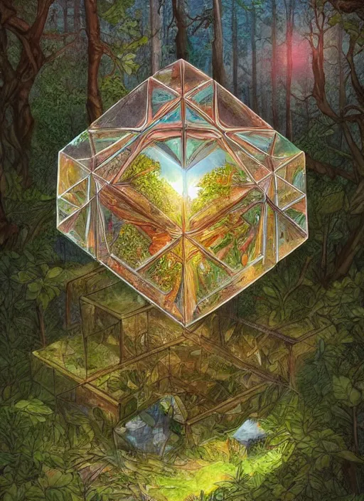 Prompt: a crystal cube in a forest, highly detailed, intricate, concept art, art station, cinematic light, realistic, ethereal light, art by Terry Moore