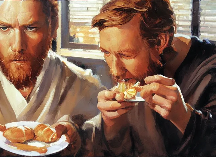 Image similar to a highly detailed beautiful portrait of obi - wan kenobi eating only one cannoli, by gregory manchess, james gurney, james jean