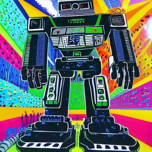 Image similar to giant robot made of trapper keeper artwork