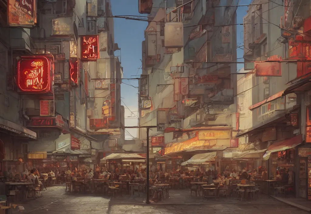 Image similar to A highly detailed matte painting of an Italian pizzeria in new york by Studio Ghibli, Makoto Shinkai, by Artgerm, by WLOP, by Greg Rutkowski, volumetric lighting, cyberpunk, octane render, 4K resolution, trending on artstation, masterpiece