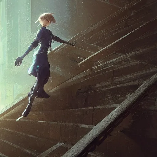 Prompt: a girl climbing an endless staircase. By Tetsuya Nomura. Square Enix. By Greg Rutkowski Masterpiece