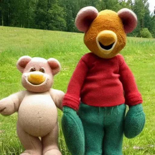 Prompt: Bamse and Lilleskutt are on the way to see Farmor, dunderhonung