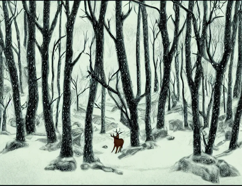 Image similar to animal god in the winter woods. limited palette, western 2 d animation from the 2 0 1 0 s, backlighting, bold composition, depth of field.