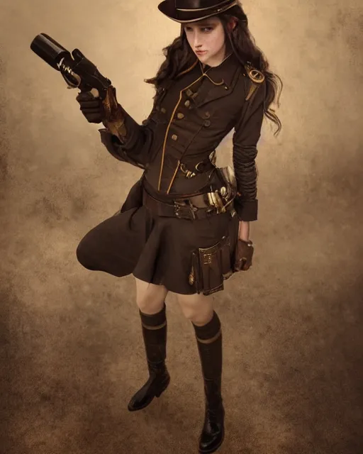 Image similar to Young girl in steampunk clothes, she wears boots and holds a gun, full body shot, sharp focus, photography, very detailed, dark hair, octane render, by greg rutkowski, by nikon, by Iphone, 4k