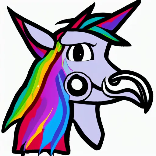 Prompt: Rainbow Pirate Unicorn profile picture for social media sites. Limited palette, crisp vector line