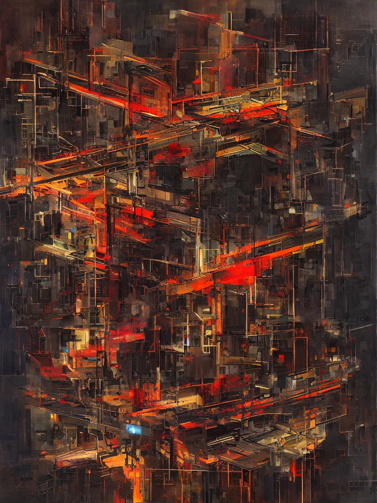 Prompt: a beautiful sculpture by louise nevelson of a complex highway intersection, color bleeding, pixel sorting, brushstrokes by jeremy mann, dark lighting, square shapes by robert proch