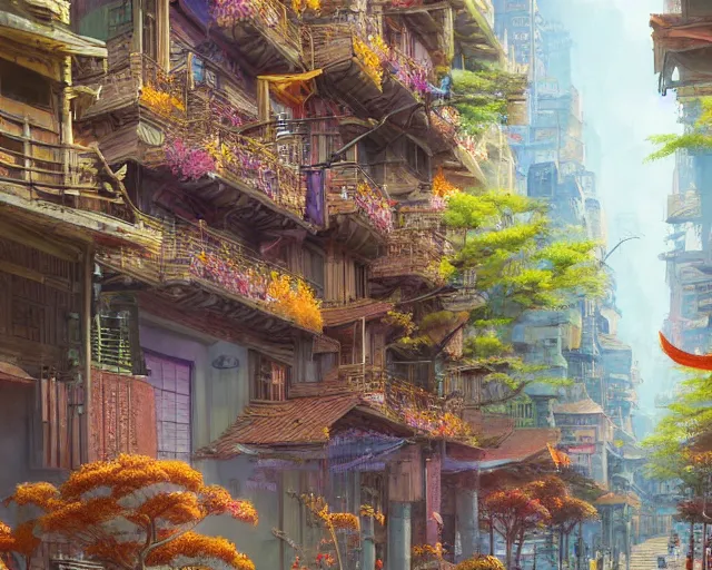 Image similar to street-level view of a beautiful, colorful kitsune city, bamboo, flowers, anime, fox people, a fantasy digital painting by Greg Rutkowski and James Gurney, trending on Artstation, highly detailed