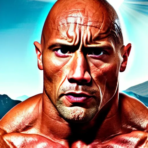 Prompt: the rock but he has white skin and two horns coming out of his forehead