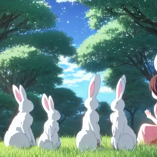 Prompt: A group of white bunny rabbits under the cherry tree, Makoto Shinkai