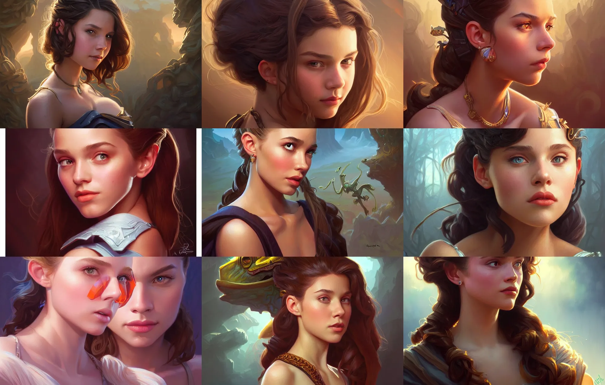 Prompt: portrait of young hollywood actress from 1 9 9 0 s, deep focus, d & d, fantasy, intricate, elegant, highly detailed, digital painting, artstation, concept art, matte, sharp focus, illustration, hearthstone, art by rhads by artgerm and greg rutkowski and alphonse mucha